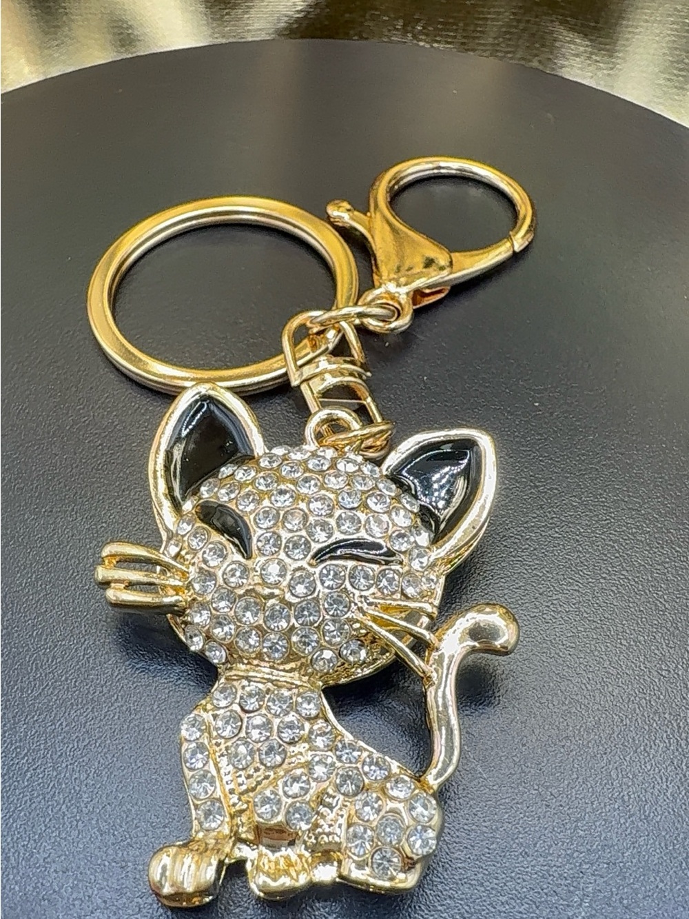 Gold Crystal Cat Keychain Charm - Sparkling Cat Key Ring